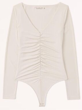 Abercrombie & Fitch Cream Ruched V-Neck Long Sleeve Bodysuit